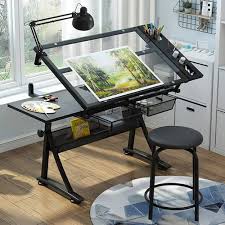 Tavolo da Disegno Regolabile con Sgabello e Vetro Temperato